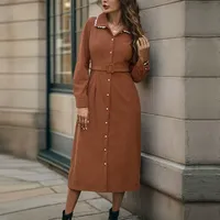 Robe chemise en velours côtelé uni avec col en dentelle vintage pour femme, couleur marron café, style décontracté et élégant, ODM