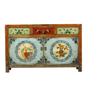仿古古董回收木画自助餐和餐具柜