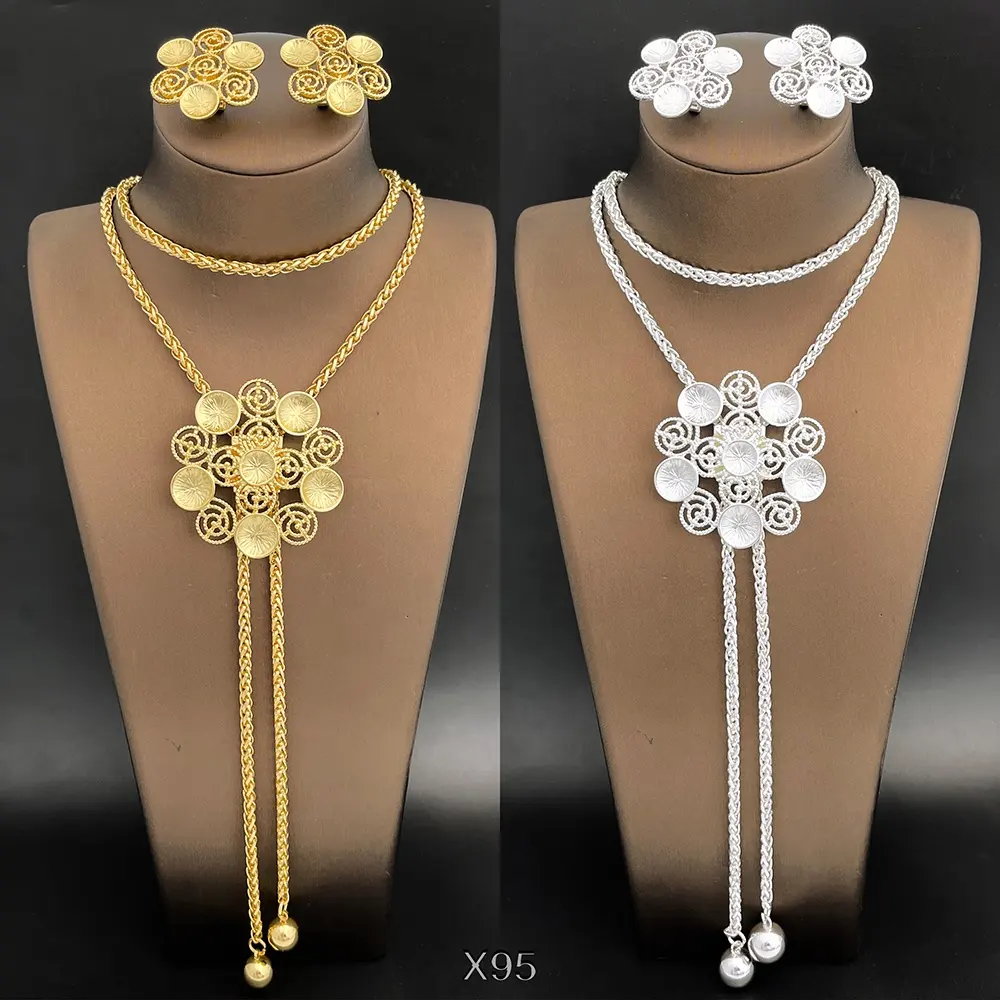 24K plaqué or longue chaîne collier et boucle d'oreille ensemble bijoux mode bijoux colliers
