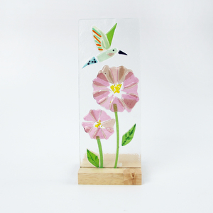Colored Handmade Fused Rectangle Glass Flower <b>Ornament</b> Wooden Base-Home Decor Craft 7*19cm for <b>Easter</b> Christmas New Year - Product Image 2
