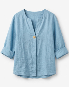 Perfect Sales Awesome Quality Relaxed Fit <b>Linen</b> Cotton Blend Split Neck Tunic Blouse Women Summer <b>Tops</b> - Product Image 2