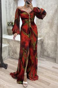 Hot Sell OEM Women Sexy Strapless Party Pleated Long Sleeve <b>Dress</b> Loose Casual Floral Printed Split Women Maxi <b>Dresses</b> - Product Image 4