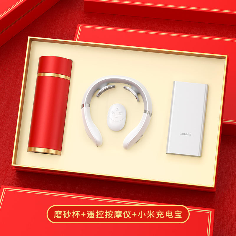 [ชุด 3 ชิ้น] Xiaomi Power Bank รีโมทคอนโทรล เครื่องนวด แก้วเก็บความร้อนสีแดงแบบด้าน พร้อมกล่องของขวัญและถุงของขวัญ