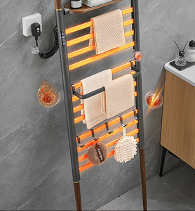 Sèche-serviettes électrique intelligent chauffant en fibre de carbone, aluminium spatial et noyer noir, style échelle, avec étagère de séchage - Product Image 4