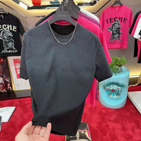 T-Shirt Rond à Manches Courtes Été Décontracté pour Hommes, en Coton Uni 260g, Orné de Strass de Haute Qualité, Style Rétro et Tendance