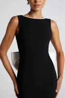 Robe sirène midi sans manches avec bordure en perles, contraste noir et blanc, élégante, formelle, robes de soirée sur mesure
