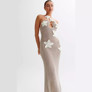 Nuevo Vestido Maxi de Playa de Ganchillo Sólido 2026 para Mujer, Halter Hueco Floral, Traje de Baño, Cubre Bikini - Product Image 1