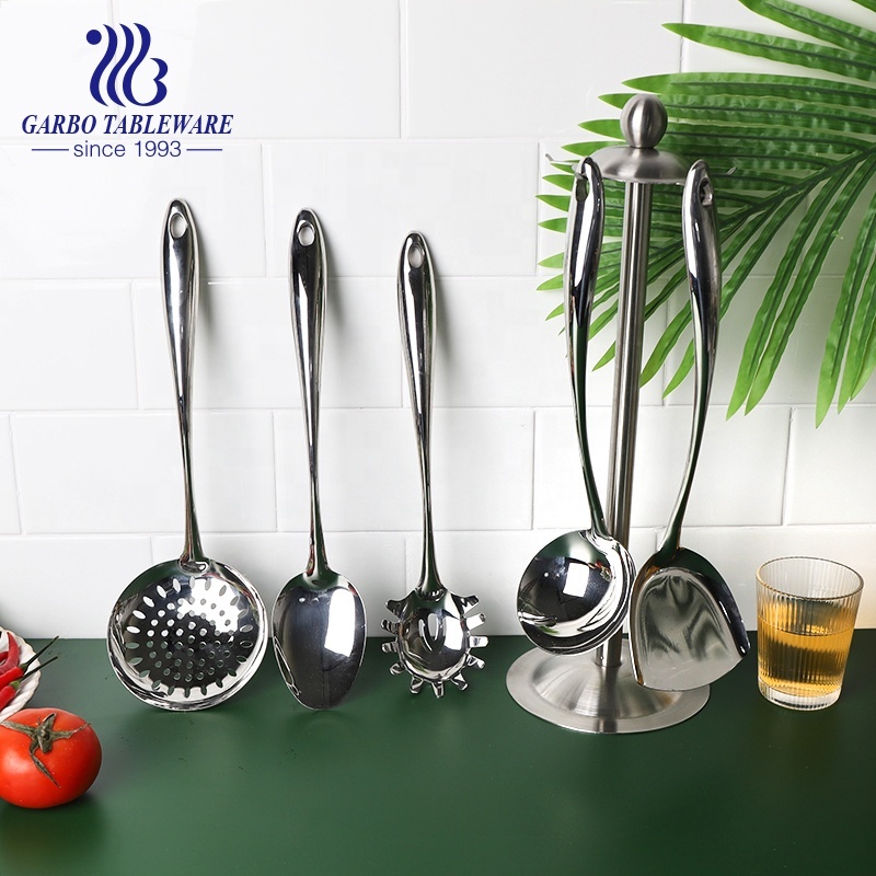 Hot Selling 6pcs Non-Stick Kitchen Cooking Tools 201 Grade Stainless Steel Cooking Accessories Utensil Set with Iron Stand