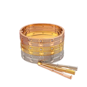 Bracelet de luxe en acier inoxydable plaqué or 18 carats, design classique HR, entièrement pavé de zirconiums cubiques, bracelet à visser unisexe, tendance - Product Image 1