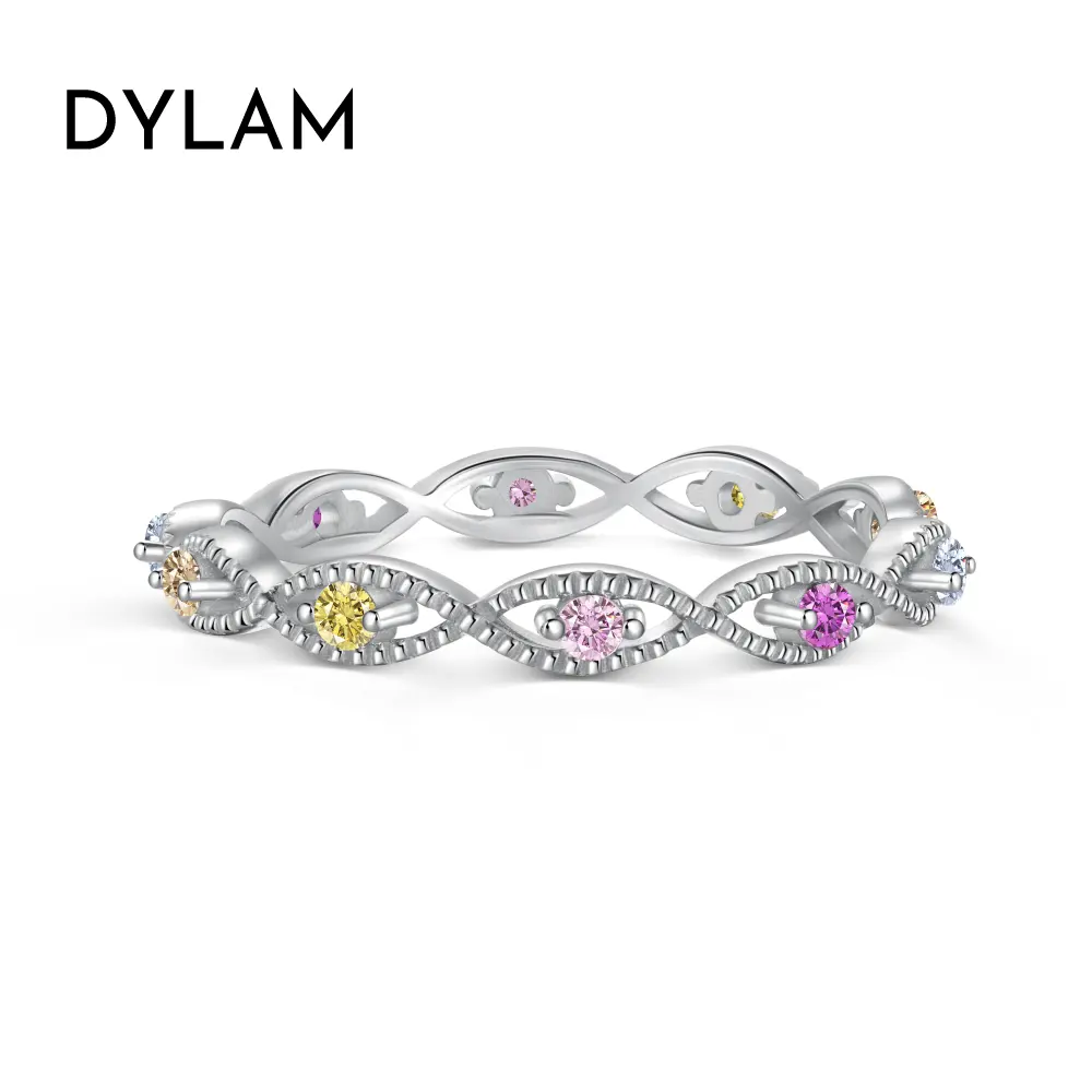 Dylam Low Price In Stock Eye S925 Sterling Silver Ring Band Rainbow Colorful Pink Diamond Cz Cubic Zirconia Rings Jewelry Women