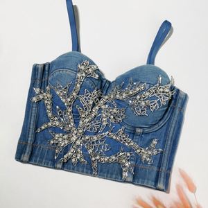 BR416 2021 nouveauté vêtements d'extérieur pour filles chaudes perles décorées Denim Crop <span class=keywords><strong>Bustier</strong></span> Jean hauts pour femmes - Product Image 6