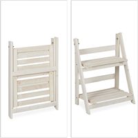 Support à plantes pliable à 2 niveaux en bois, étagère à fleurs à lattes, blanc délavé, pour intérieur, extérieur, balcon, jardin