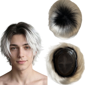 Sistemas <span class=keywords><strong>de</strong></span> Cabello Humano Virgen Indio Tono Ombre <span class=keywords><strong>Color</strong></span> T1B60ry <span class=keywords><strong>Rubio</strong></span> Platino AUS Toupee 8x10 con Unidad <span class=keywords><strong>de</strong></span> Encaje y PU para Hombres Blancos - Product Image 1