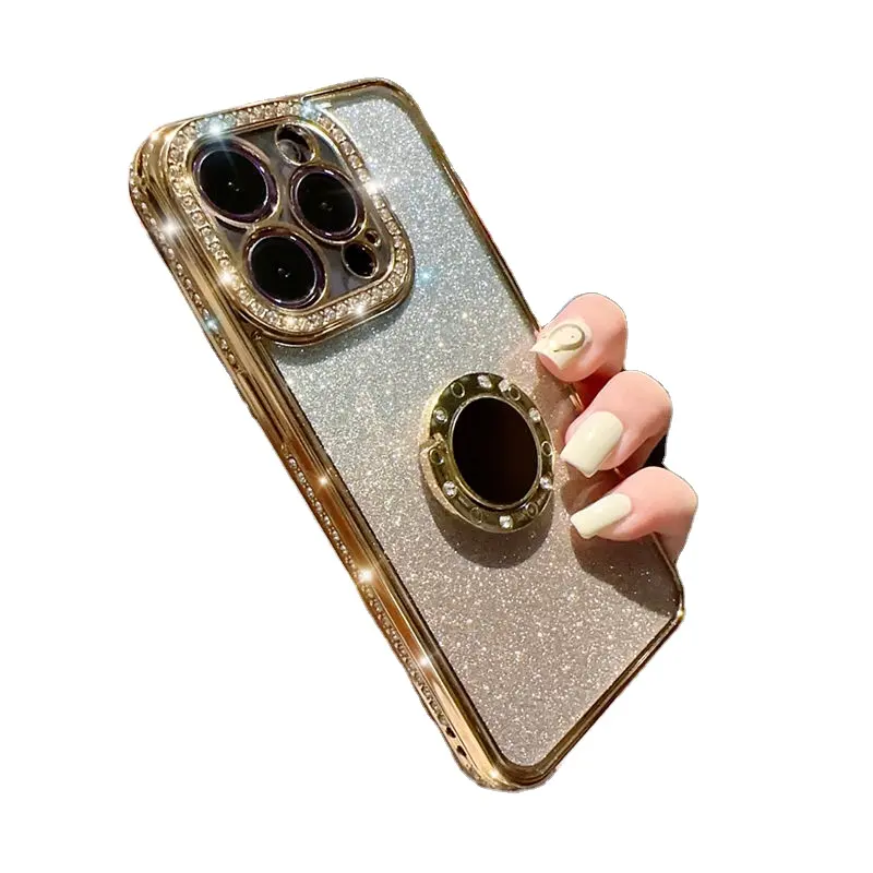 Luxury electroplating rhinestone lens phone cover for iphone 14 for iphone 11 12 pro,for iphone 14 pro max stand case gold color
