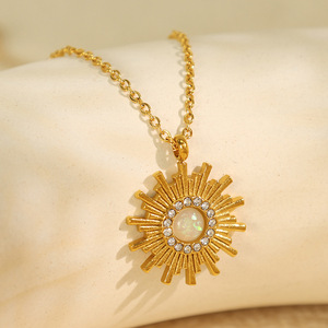Retro Sunflower Pendant <b>Necklace</b> Gold Chain With <b>Opal</b> And Diamonds Everyday Wear Fashion Jewelry - Product Image 1
