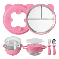 Ensemble de vaisselle pour enfants en acier inoxydable et silicone, avec assiette à compartiments à ventouse, fourchette, cuillère et tasse à collation, pour l'exportation