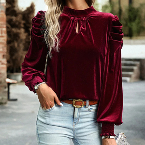 Chemisier en velours vintage uni pour femme, élégant, vert, automne-hiver, à manches longues, coupe décontractée, idéal pour le bureau - Product Image 1