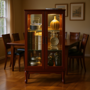 Royal Oak Curio Display Cabinet With Adjustable Shelves <b>Mirrored</b> <b>Back</b> Tempered Glass <b>Doors</b> Mahogany Wood Antique Style - Product Image 2