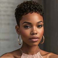 Perruque Courte Bouclée Pixie Frisée Sans Colle, Sans Lacet, Cheveux Humains, Perruque Pixie Frisée Kinky pour Femmes Noires