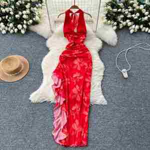 Vestido Midi Casual de Verano para Mujer, Sexy, Sostenible, Tejido, Transpirable, Lavable, con Cuello en V, Abertura Asimétrica, Estilo A-Line, Espalda Descubierta y Volantes - Product Image 4