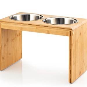 Support de gamelles surélevé en bambou pour animaux de compagnie avec gamelles en acier inoxydable – Design moderne pour chiens et chats - Product Image 3