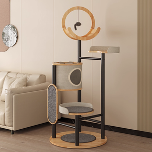 Mobiliário para Animais de Estimação em Aço Carbono Luxuoso com Plataforma Múltipla em Madeira de Borracha e Carpete Plush - Product Image 1