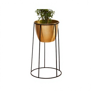Pot de fleurs rond de taille personnalisée, en métal couleur or, avec support en fer noir, qualité supérieure - Product Image 1
