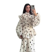 Robe longue vintage à pois pour femme, col montant, manches longues bouffantes, volants superposés, élégante, décontractée, pour soirée