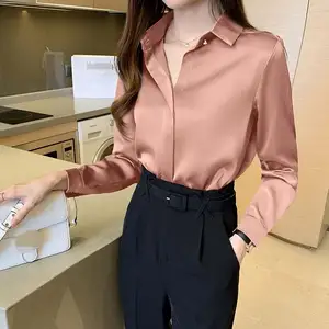 2022 Wholesale Women Satin Lapel Long Sleeve Office Pullover Solid Color Shirts Elegant Tops Casual Ladies Formal Casual Shirt