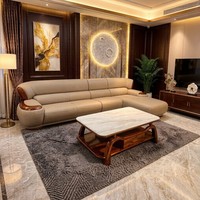 Nouveau canapé en cuir noir de style chinois, ensemble de salon haut de gamme en cuir, canapé d'angle en L minimaliste en cuir de vachette et bois massif