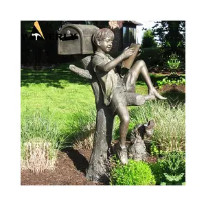 Outdoor Free Standing Metal Mailboxes Brass Bronze Boy Lying Tree Trunk And Dog Statue Sculpture Mailbox