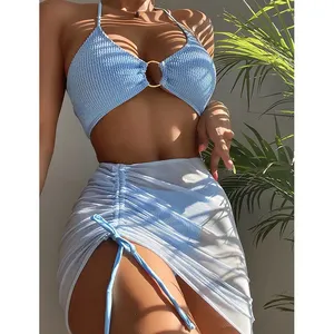 Micro Ribbed High Waist Swimwear Beachwear Designer Swimsuit Beach 3 Pieces Bikini Set With Cover Up