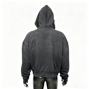 เสื้อฮู้ดดี้ผู้ชายลายตัวอักษร สไตล์สตรีทแวร์ ทรงครอป บ็อกซี่ ผ้าเฟรนช์เทอร์รี่ ซันเฟด ประดับคริสตัลแบบฮอตฟิกซ์ ล้างสีแบบแอซิดวอช ซิปหน้า - Product Image 3