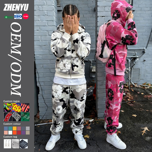 Set di Felpa con Cappuccio e Pantaloni Sportivi Cropped da Uomo, Stile Streetwear, con Zip Integrale, Stampa Camouflage, Taglio Grezzo, Vestibilità Ampia e Oversize, Peso Pesante, del Produttore - Product Image 1