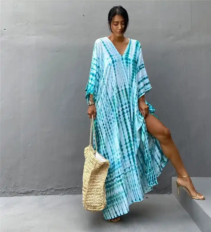 100% Katoenen Stropdas En Kleurstof Bedrukt V-Hals Kaftan Strand Vrouwen Jurk Boho Zomer Kaftan Voor Dames