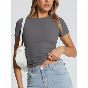 Camisetas de lona Bella + para mujer, camisetas ajustadas de manga corta con cuello redondo, camisetas informales básicas - Product Image 1