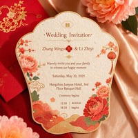 Custom Scalloped Paper Fan for Wedding Invitation, Textured Cardstock, Peony Gold Foil Print, Oriental Wedding