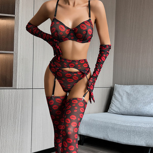 Ensemble de lingerie sexy et sensuelle rouge à lèvres semi-transparent avec armatures, lingerie intime érotique pour femmes - Product Image 4