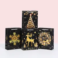 Bolsa de Papel Recubierta de Oro Negro para Navidad, con Diseño de Árbol de Navidad y Copos de Nieve, para Regalos, Personalizable e Impresa
