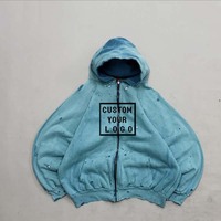 Vente en gros de sweats à capuche zippés streetwear de haute qualité, personnalisables avec logo, style vintage, délavé dégradé, coupe oversize, bords effilochés et effet éclaboussures de peinture