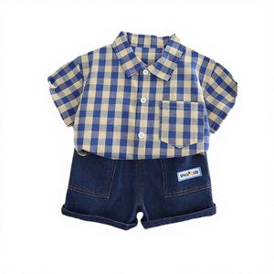 ชุดเสื้อผ้าเด็กผู้ชายลายสก็อตคุณภาพดี แฟชั่นชุดเสื้อเชิ้ตแขนสั้น ผ้าฝ้ายเนื้อนุ่ม - Product Image 4