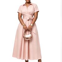 Robe décontractée grande taille pour femmes européennes et américaines, été 2026, sexy, coupe trapèze, en dentelle, à col revers, manches courtes, taille nouée, respirante