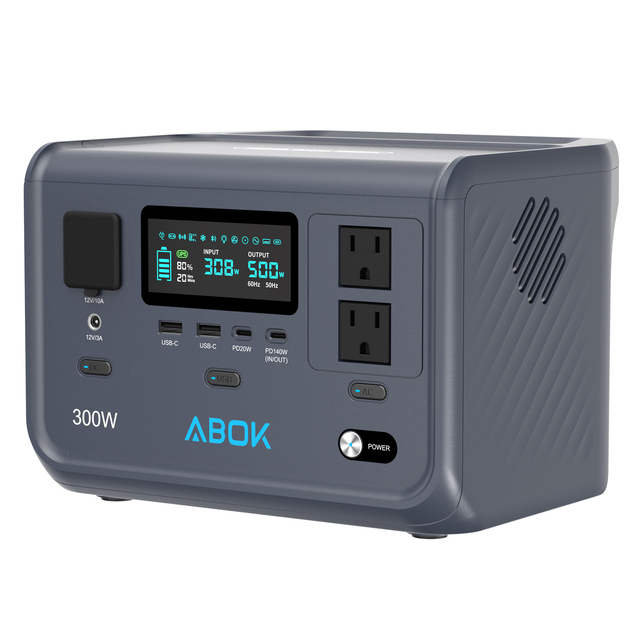 ABOK 300W Portable Power Station 288Wh LiFePO4 MPPT Solar Panel Generator with Car Jump Starter for Home Travel & Camping