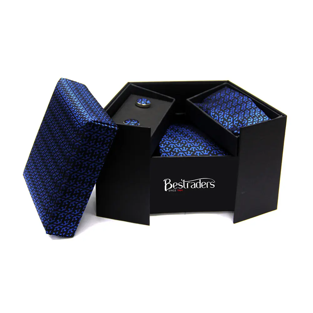 2023 Groothandel Custom Luxe Polyester Geweven Marineblauw Bruiloft Stropdas Gift Set Voor Mannen