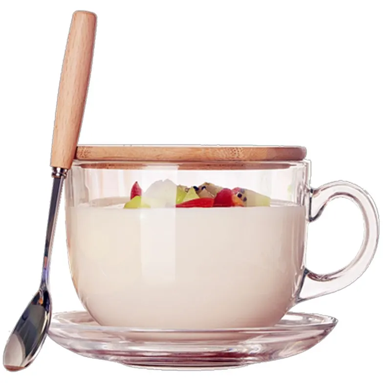 Sublimation Large capacity glass mug with lid spoon breakfast cup microwaveable milk cereal bowl water cup home cup