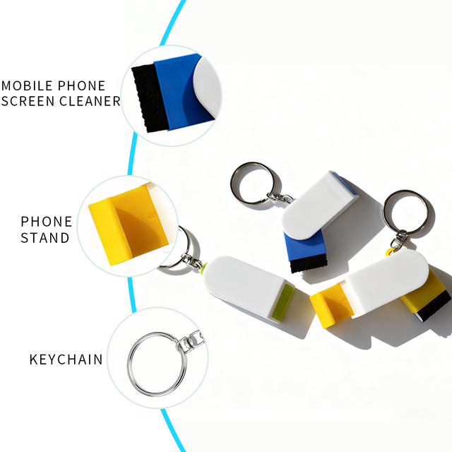 Cheap Promotional Custom Logo Gift 2 1 Mini Plastic Modern Fashion Trend Mobile Phone Stand & Screen Cleaner Keychain
