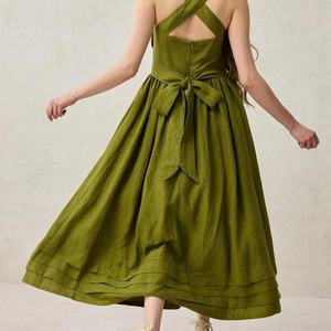 Vestido de Playa con Cinturón, Sin Mangas, Cuello con Lazo, Elegante Vestido Midi de Lino, Vestido Casual de Verano para Mujer, Precio al por Mayor - Product Image 2