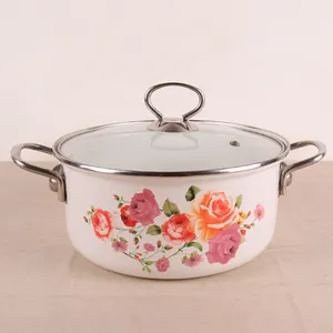 Pot à soupe en émail avec poignée en acier inoxydable, pot de 22CM, 130 sortes de fleurs, couvercle en verre