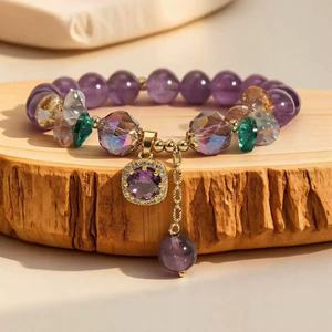 Purple Crystal Beaded Bracelet Gold Tone <b>Charm</b> Pendant Geometric <b>Glass</b> Bead Jewelry for Women Gift - Product Image 4