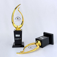 Trophée personnalisé en forme de flamme avec cadre doré, présentoir ovale transparent et base noire conique - Récompense de championnat professionnelle MH-J0151